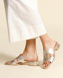 Sandali con tacco in pelle laminata